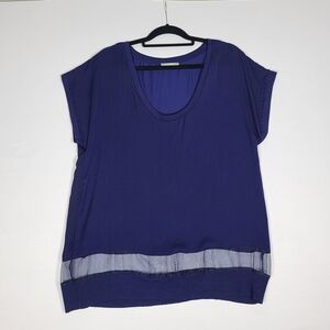 Zara Short-Sleeve Shirt Sheer Pannel Blue Womens Size Large Relaxed Fit Blouse